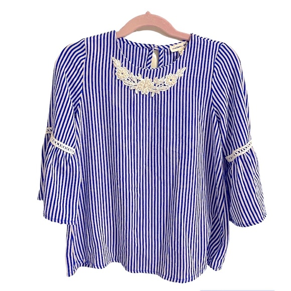 Monteau Girl Striped Crepe Bell Sleeve Blouse - Picture 1 of 9
